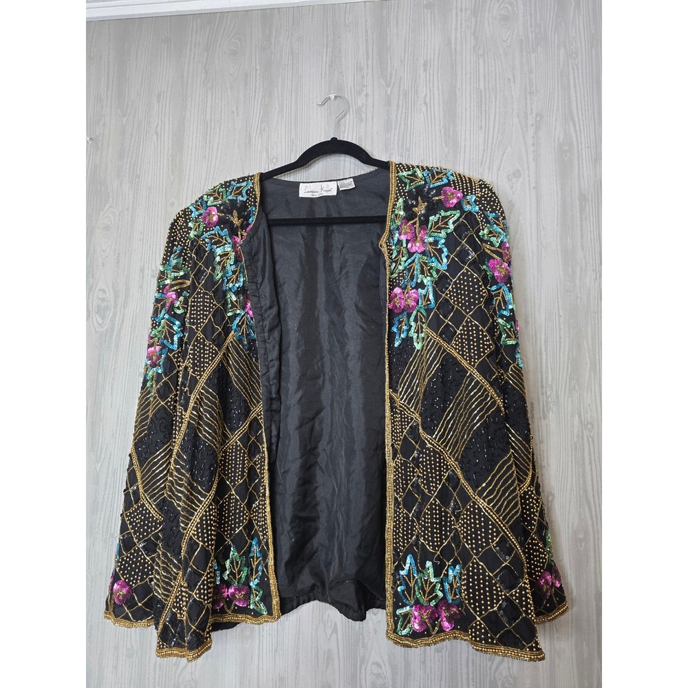 Vintage Laurence Kazar Beaded Silk Jacket Womens 2X Black Gold Floral Sequin